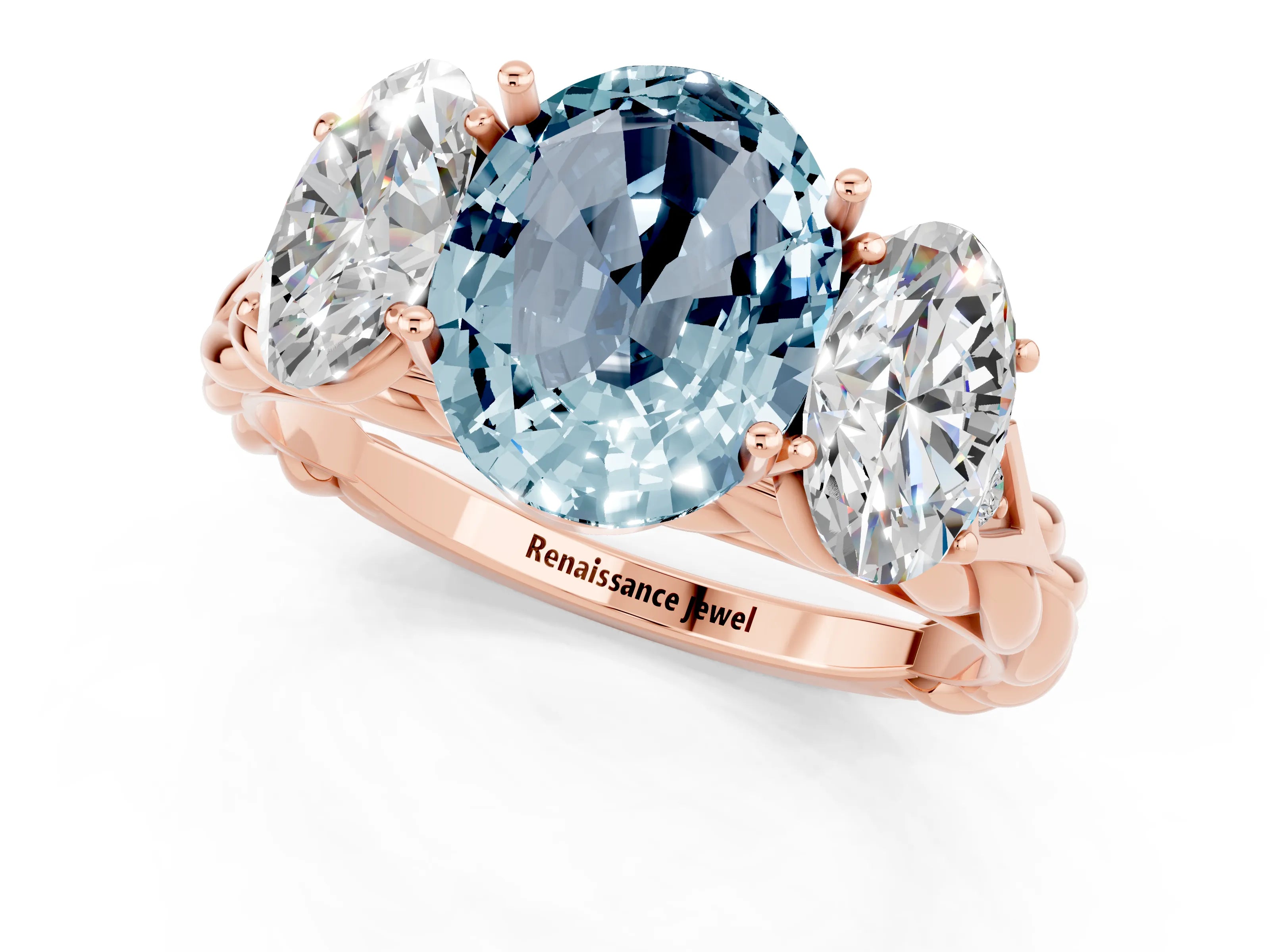 Rose gold Three-Stone Oval Cut Aquamarine Braided Band Ring with Four-Prong Setting_13