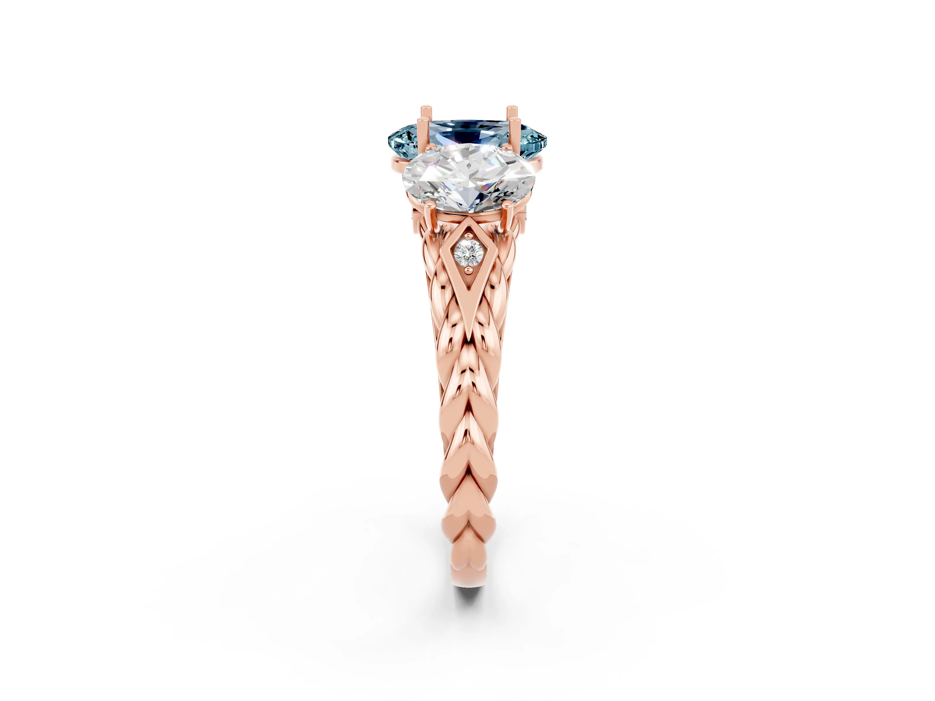Rose gold Three-Stone Oval Cut Aquamarine Braided Band Ring with Four-Prong Setting_14