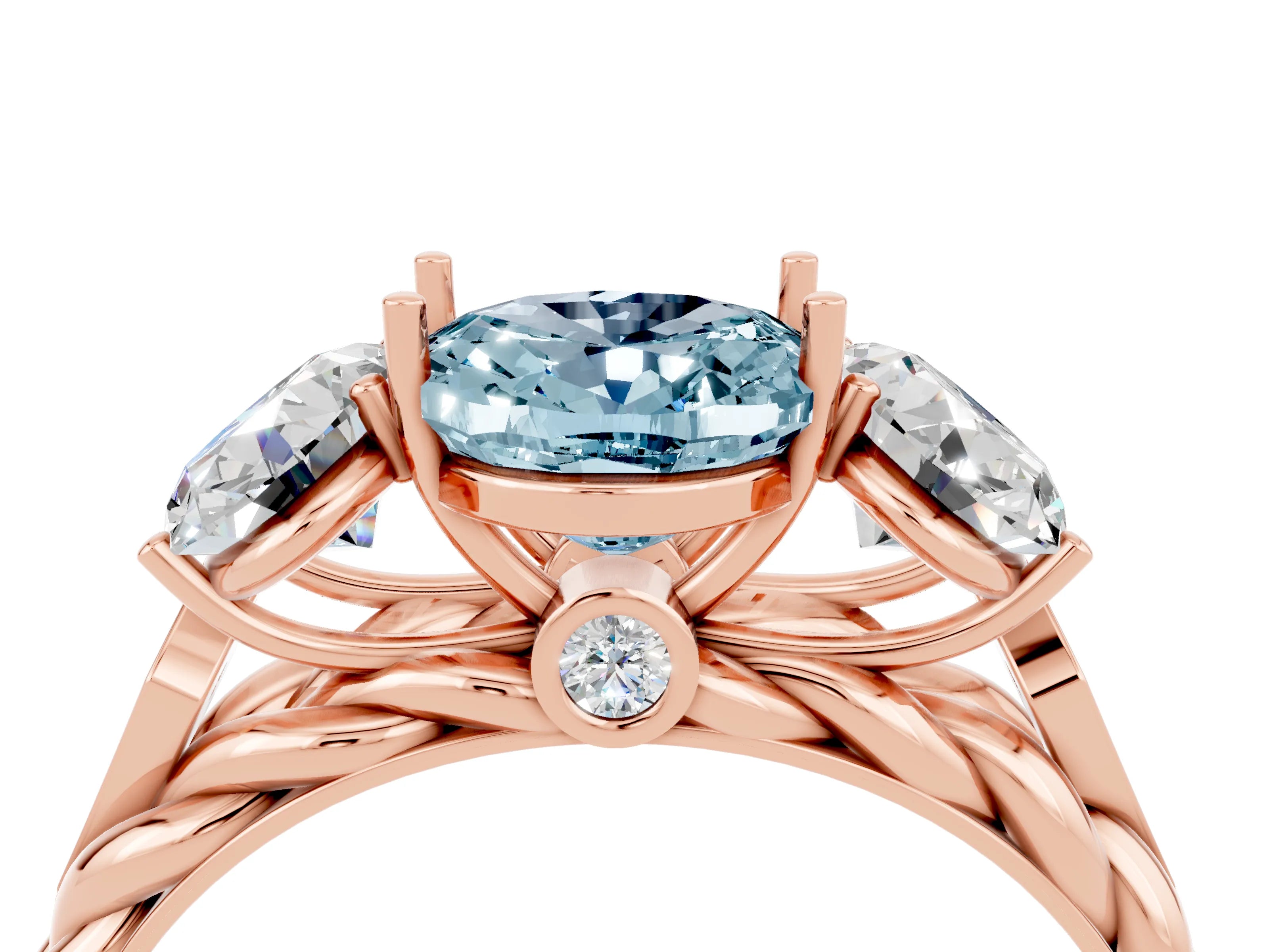 Rose gold Three-Stone Oval Cut Aquamarine Braided Band Ring with Four-Prong Setting_16