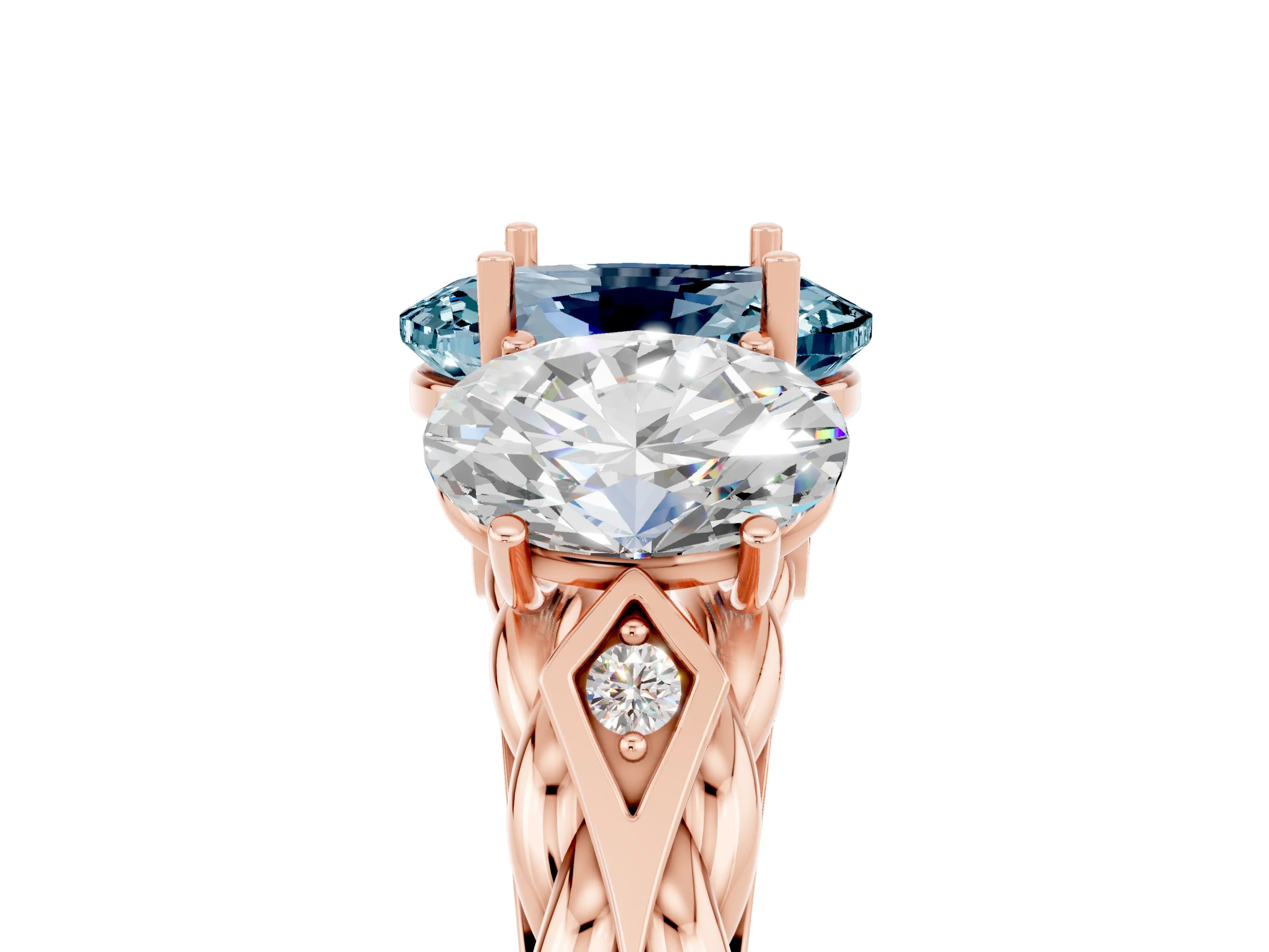 Rose gold Three-Stone Oval Cut Aquamarine Braided Band Ring with Four-Prong Setting_17