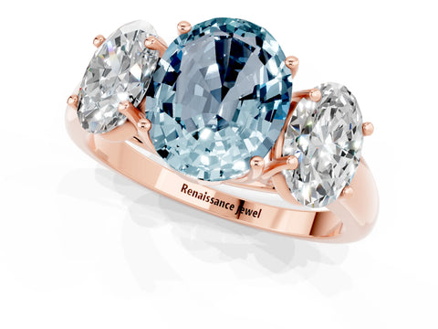 Rose gold Three-Stone Oval Cut Aquamarine Engagement Ring with Prong Setting_1