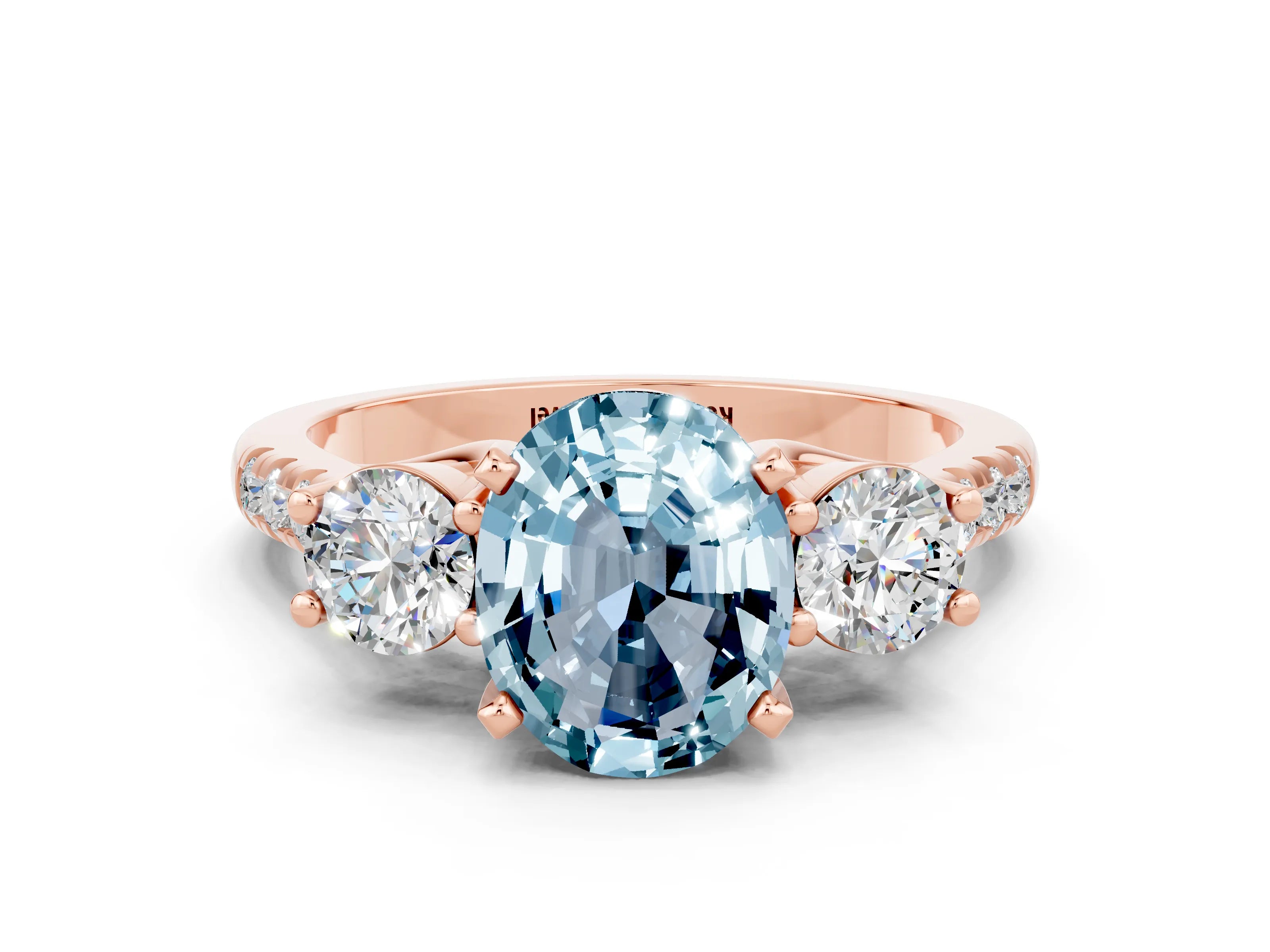 Rose gold Three-Stone Oval Cut Aquamarine Pavé Band with Four-Prong Setting