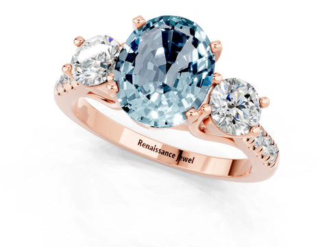 Rose gold Three-Stone Oval Cut Aquamarine Pavé Band with Four-Prong Setting_1