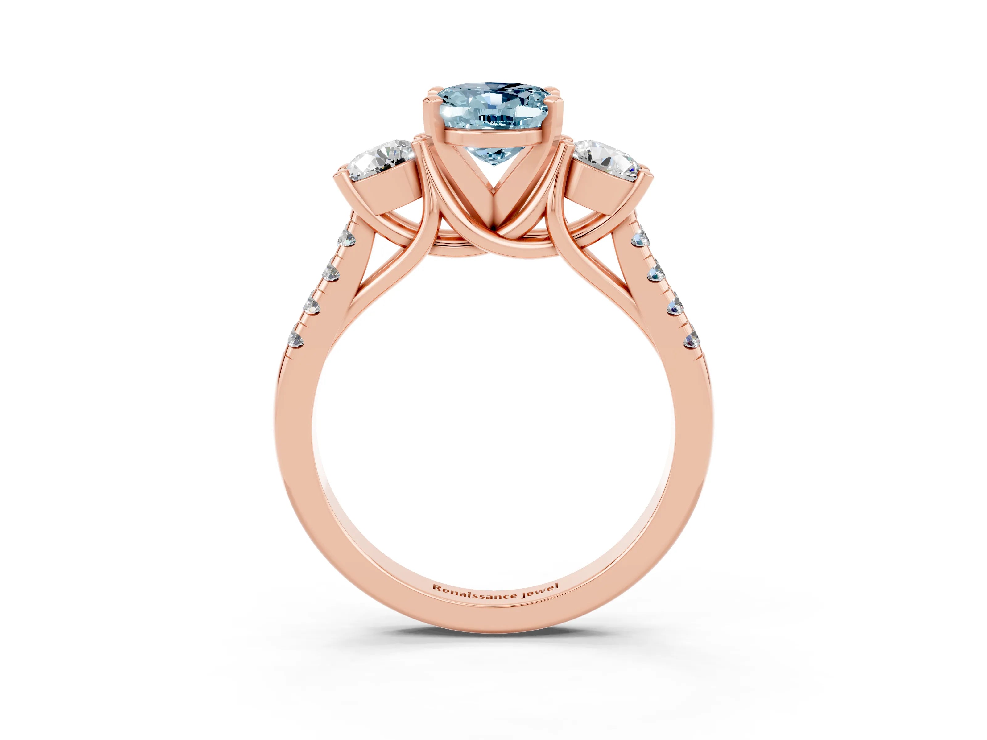 Rose gold Three-Stone Oval Cut Aquamarine Pavé Band with Four-Prong Setting_3