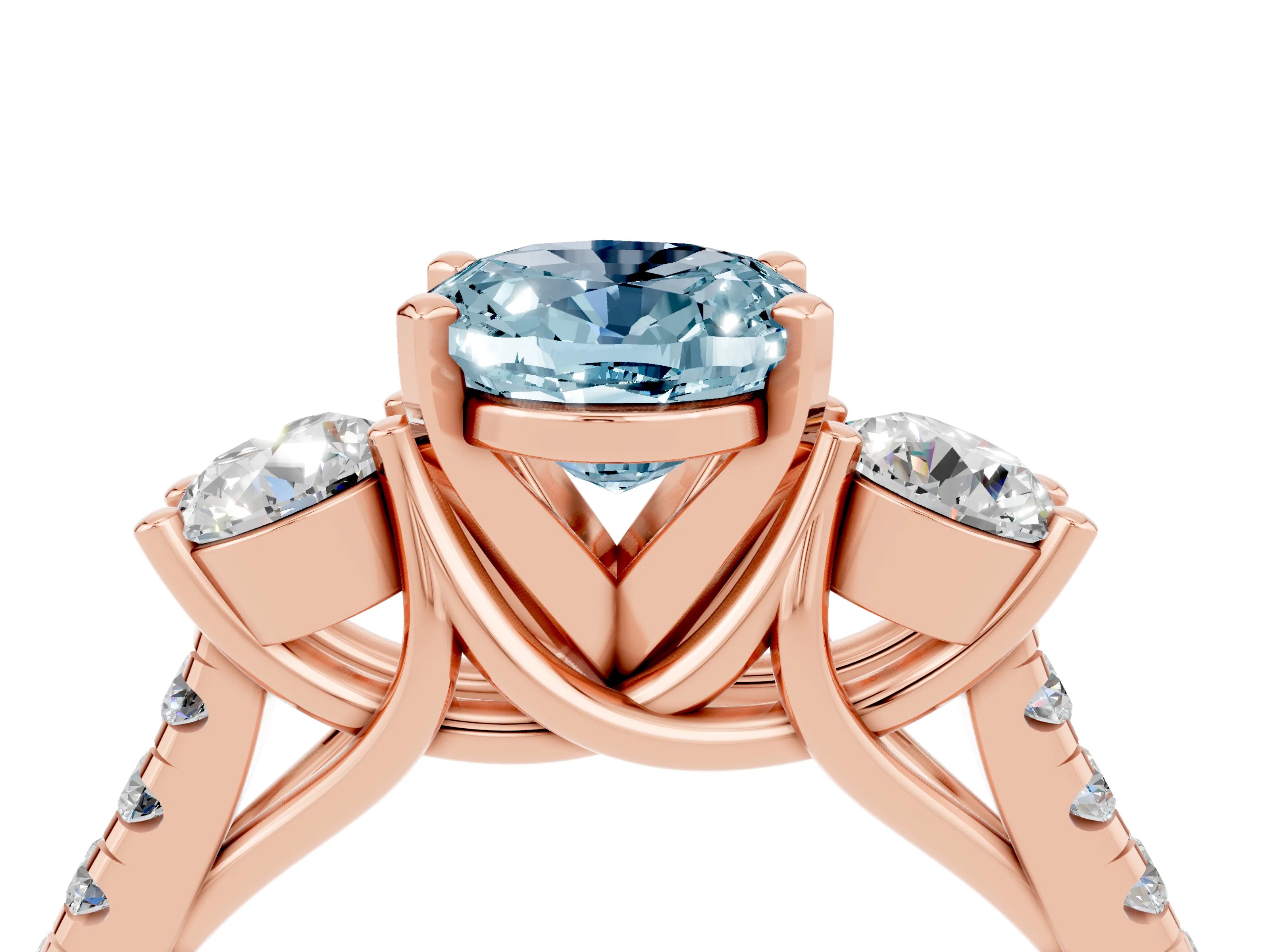 Rose gold Three-Stone Oval Cut Aquamarine Pavé Band with Four-Prong Setting_4