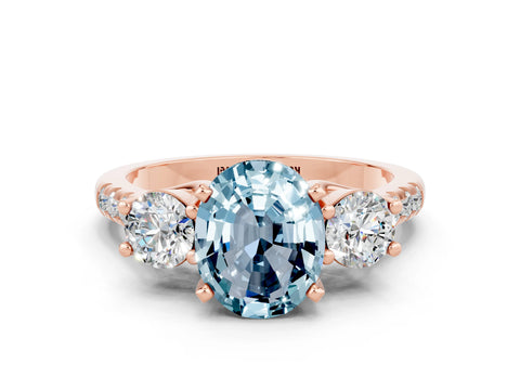 Rose gold Three-Stone Oval Cut Aquamarine Pavé Band with Four-Prong Setting