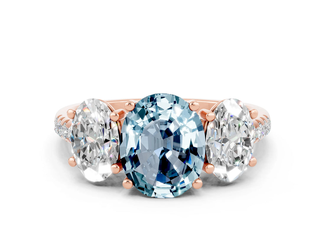Rose gold Three-Stone Oval Cut Aquamarine Ring with Pavé Band and Prong Setting_12