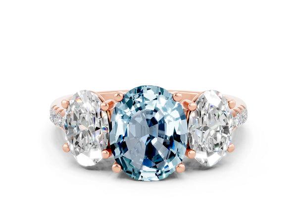 Rose gold Three-Stone Oval Cut Aquamarine Ring with Round  Pavé Band and Prong Setting