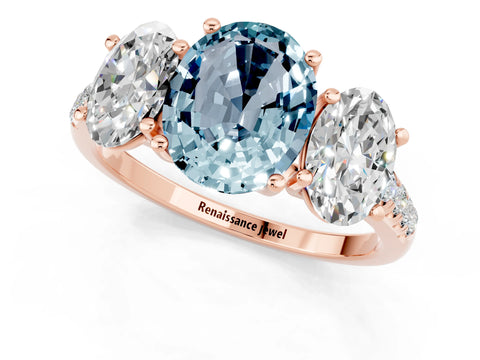 Rose gold Three-Stone Oval Cut Aquamarine Ring with Pavé Band and Prong Setting_13