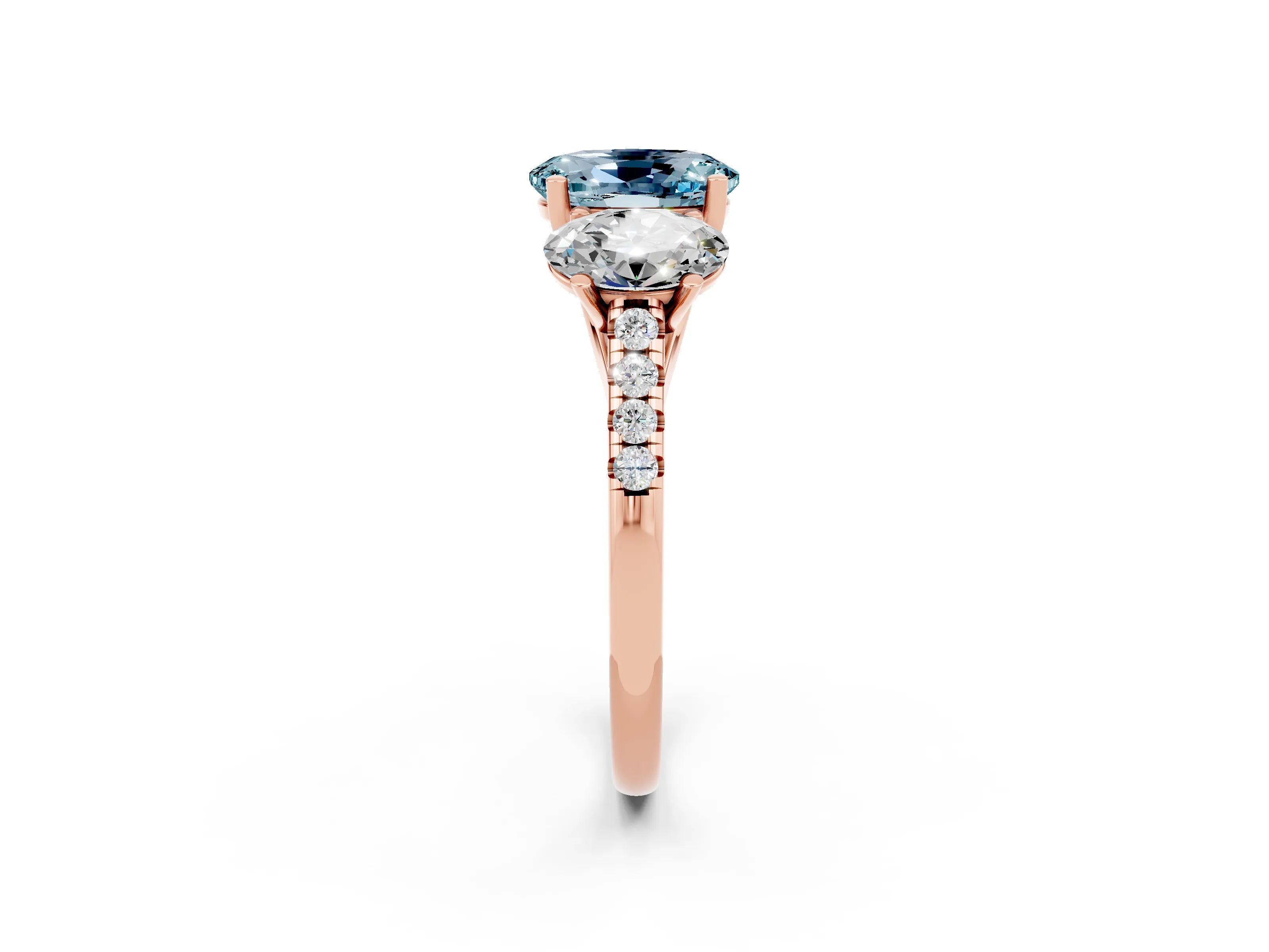 Rose gold Three-Stone Oval Cut Aquamarine Ring with Pavé Band and Prong Setting_14