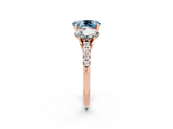 Rose gold Three-Stone Oval Cut Aquamarine Ring with Round  Pavé Band and Prong Setting