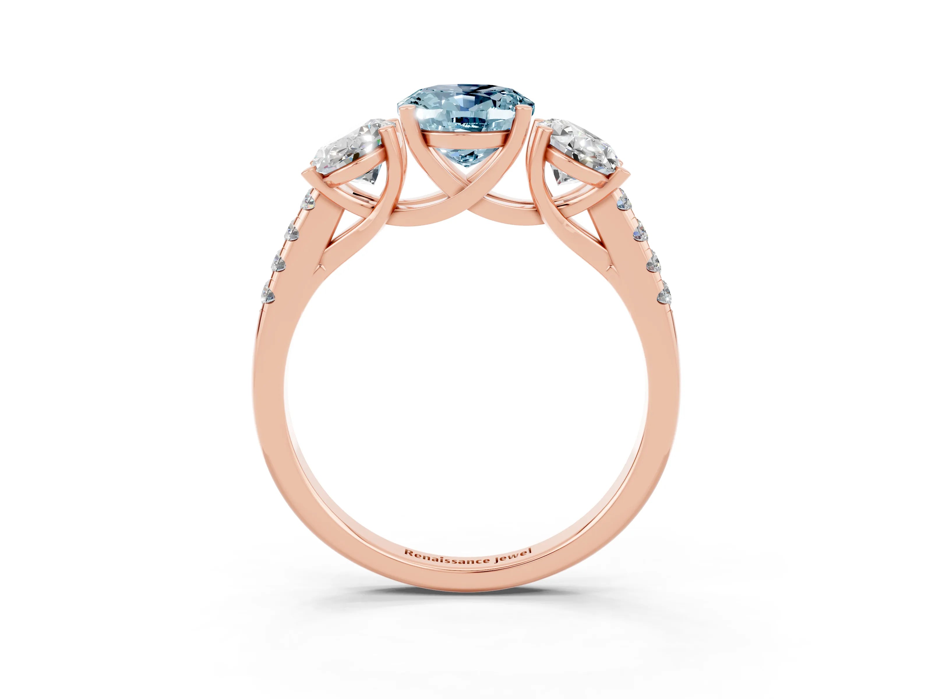 Rose gold Three-Stone Oval Cut Aquamarine Ring with Pavé Band and Prong Setting_15