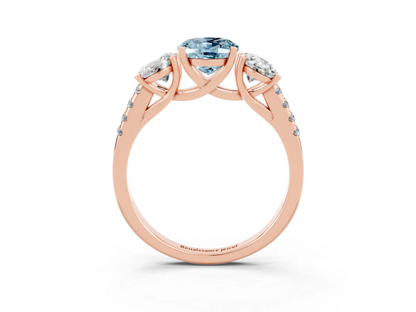 Rose gold Three-Stone Oval Cut Aquamarine Ring with Round  Pavé Band and Prong Setting