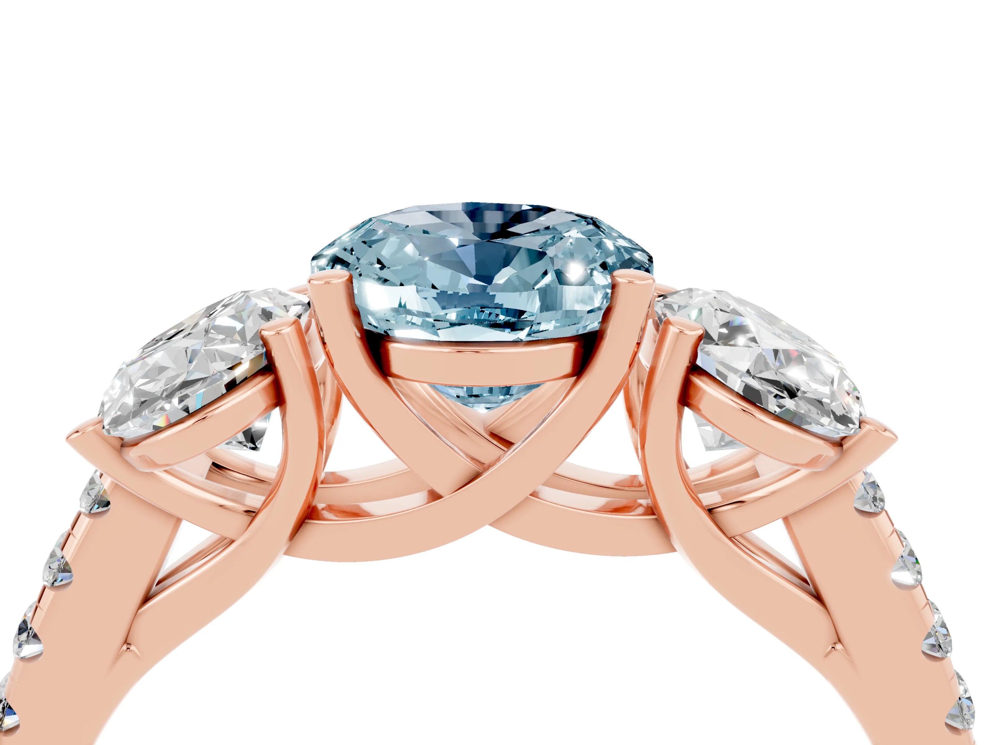 Rose gold Three-Stone Oval Cut Aquamarine Ring with Pavé Band and Prong Setting_16