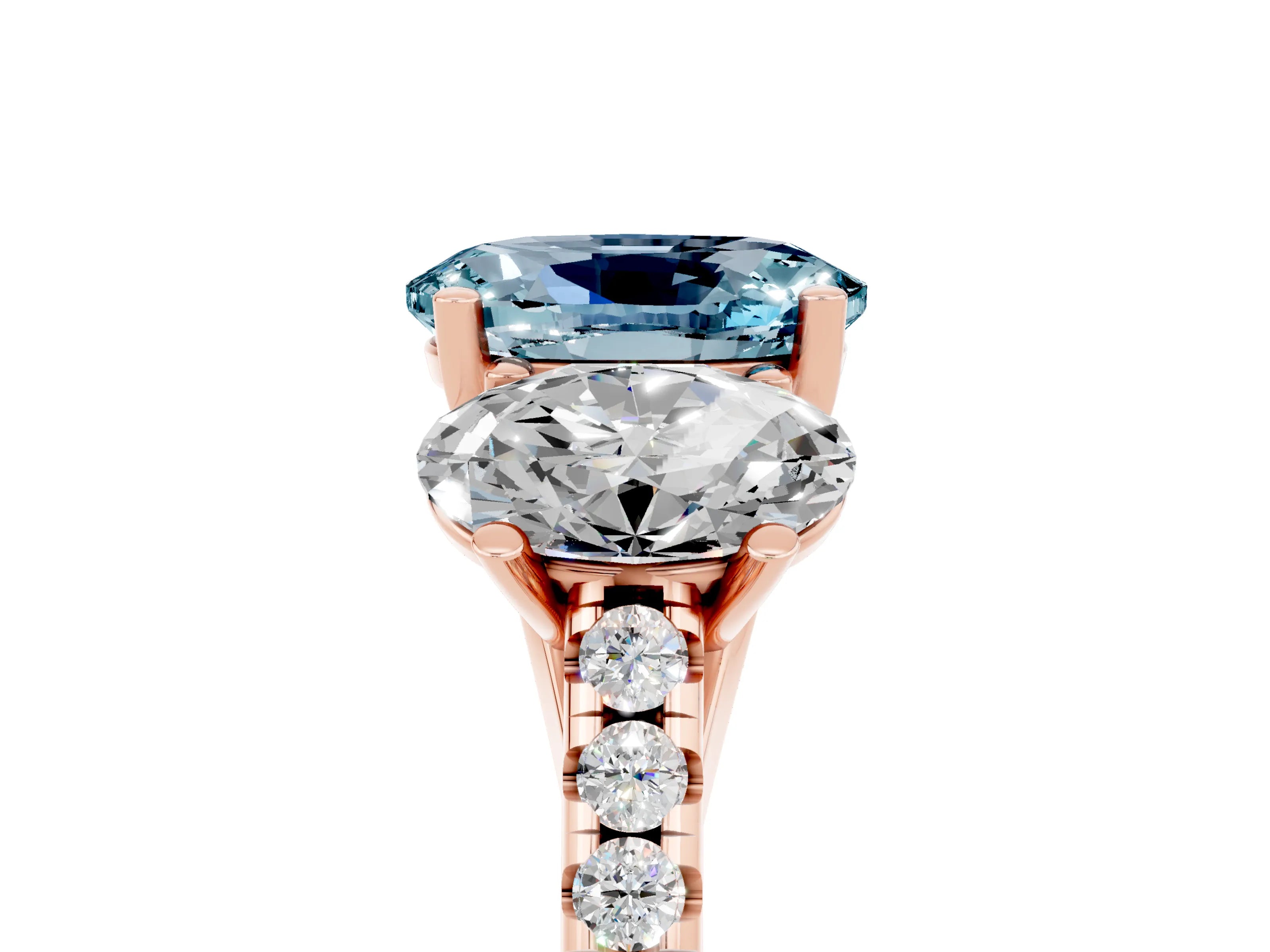 Rose gold Three-Stone Oval Cut Aquamarine Ring with Pavé Band and Prong Setting_17