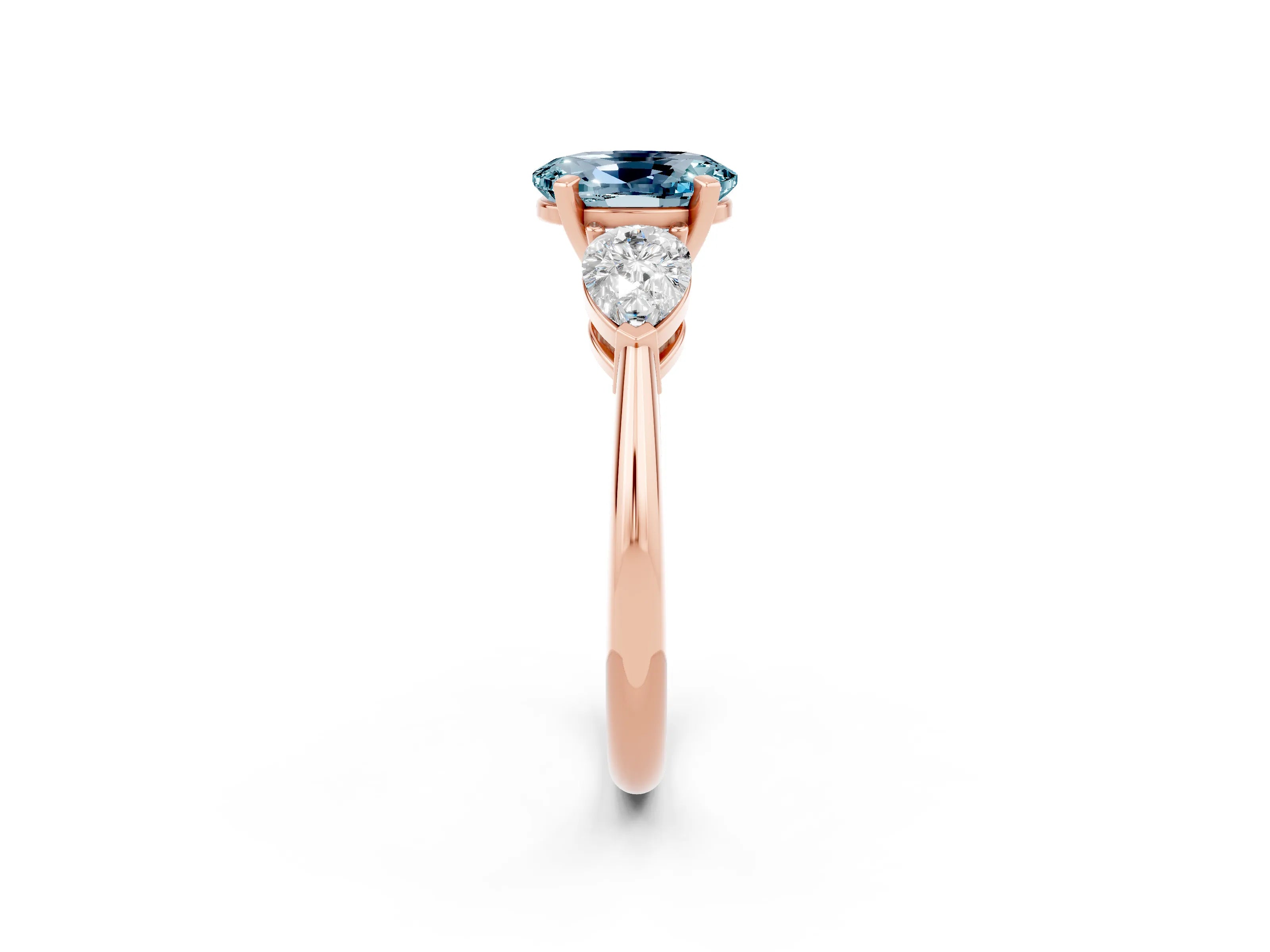 Rose gold Three-Stone Oval Cut Aquamarine Ring with Pear Side Stones and Four-Prong Setting_2