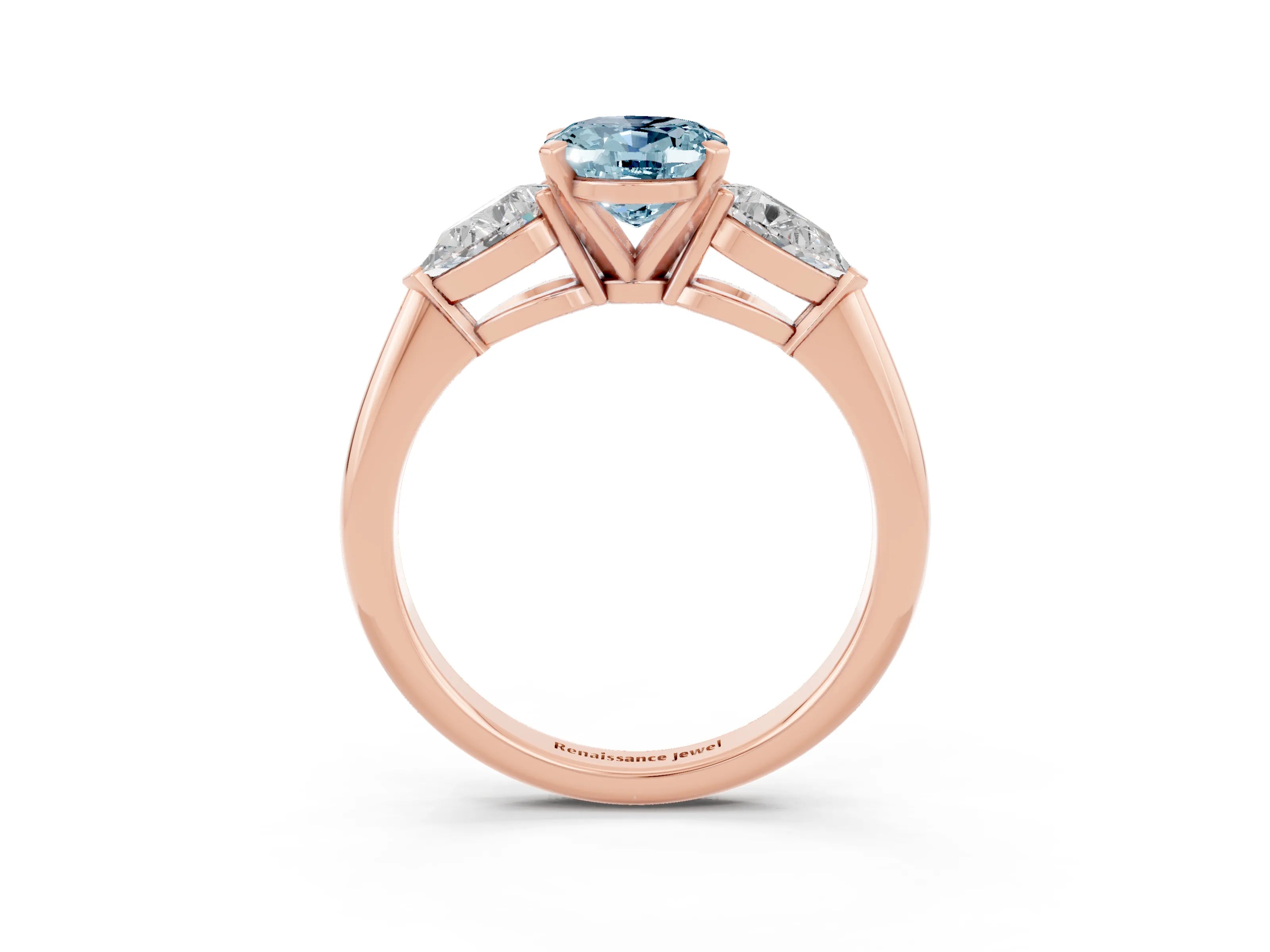 Rose gold Three-Stone Oval Cut Aquamarine Ring with Pear Side Stones and Four-Prong Setting_3