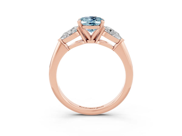 Rose gold Three-Stone Oval Cut Aquamarine Ring with Pear Side Stones and Four-Prong Setting