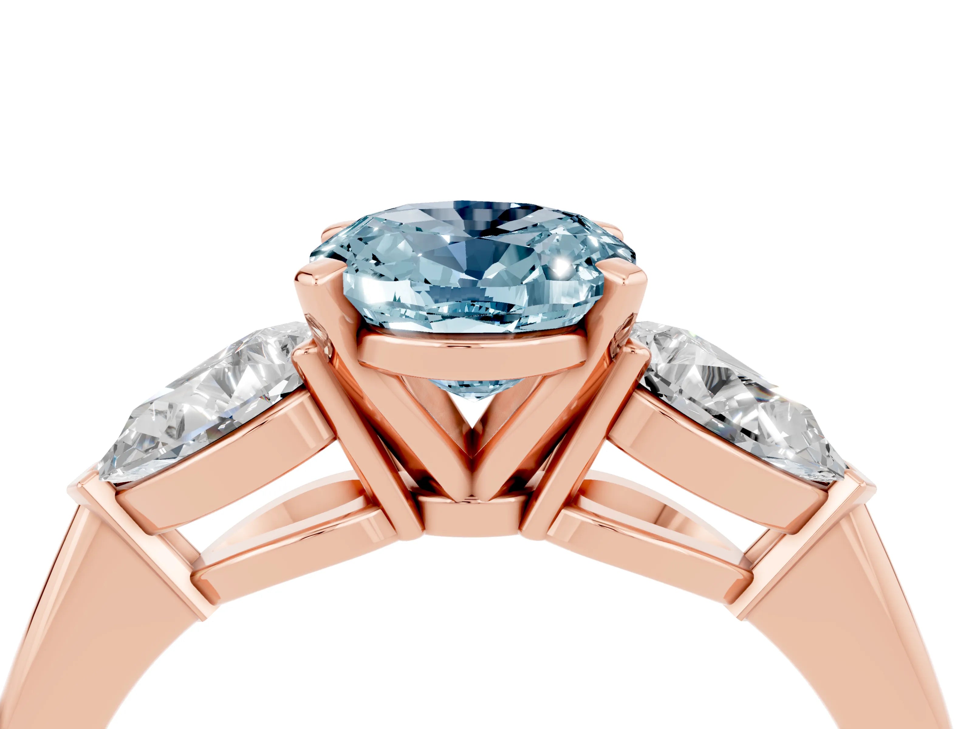 Rose gold Three-Stone Oval Cut Aquamarine Ring with Pear Side Stones and Four-Prong Setting_4