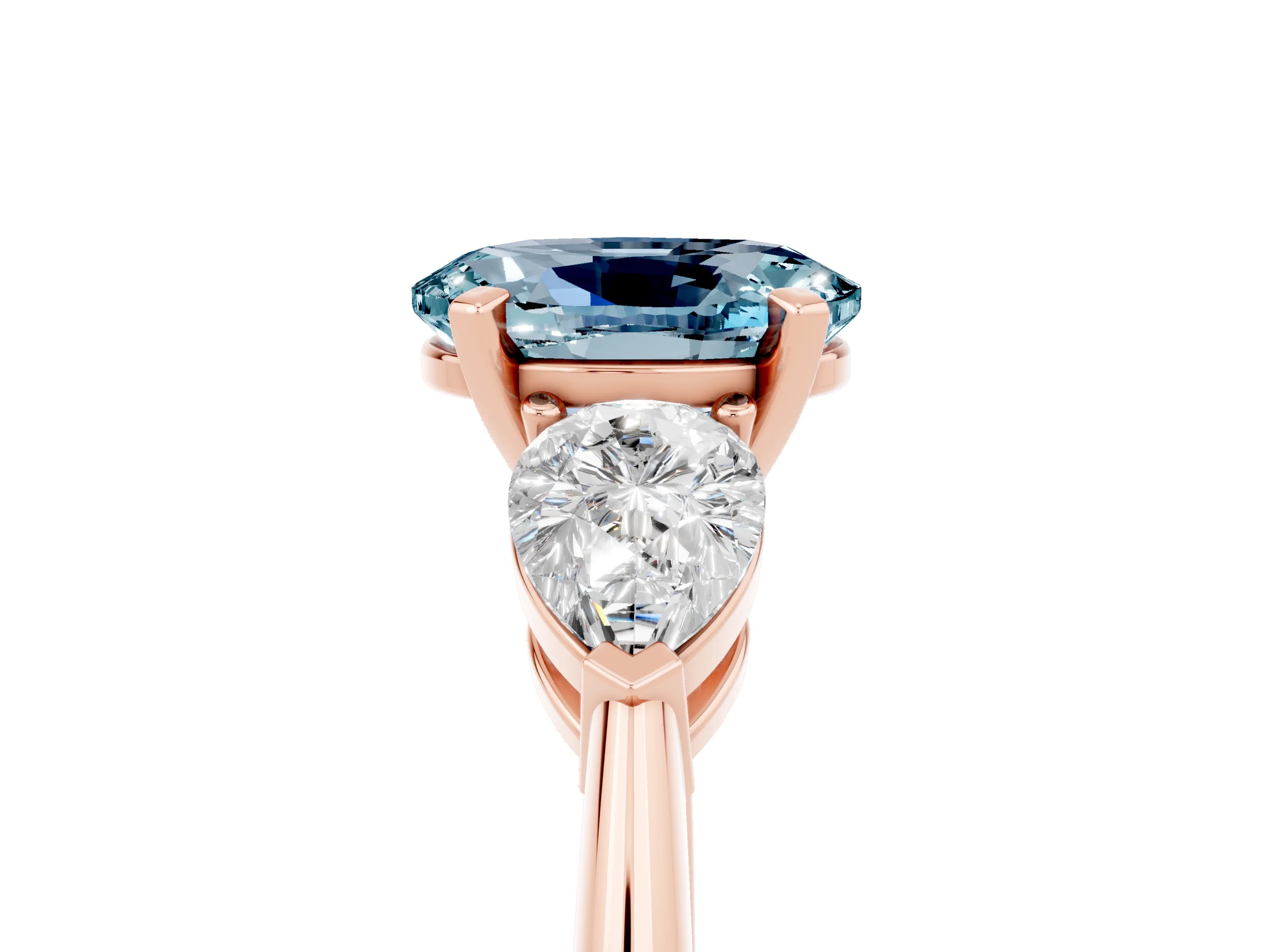 Rose gold Three-Stone Oval Cut Aquamarine Ring with Pear Side Stones and Four-Prong Setting_5