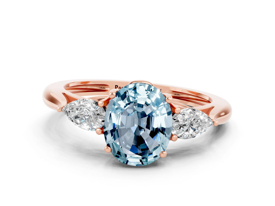 Rose gold Three-Stone Oval Cut Aquamarine Ring with Pear  Side Stones in Four-Prong Setting_12