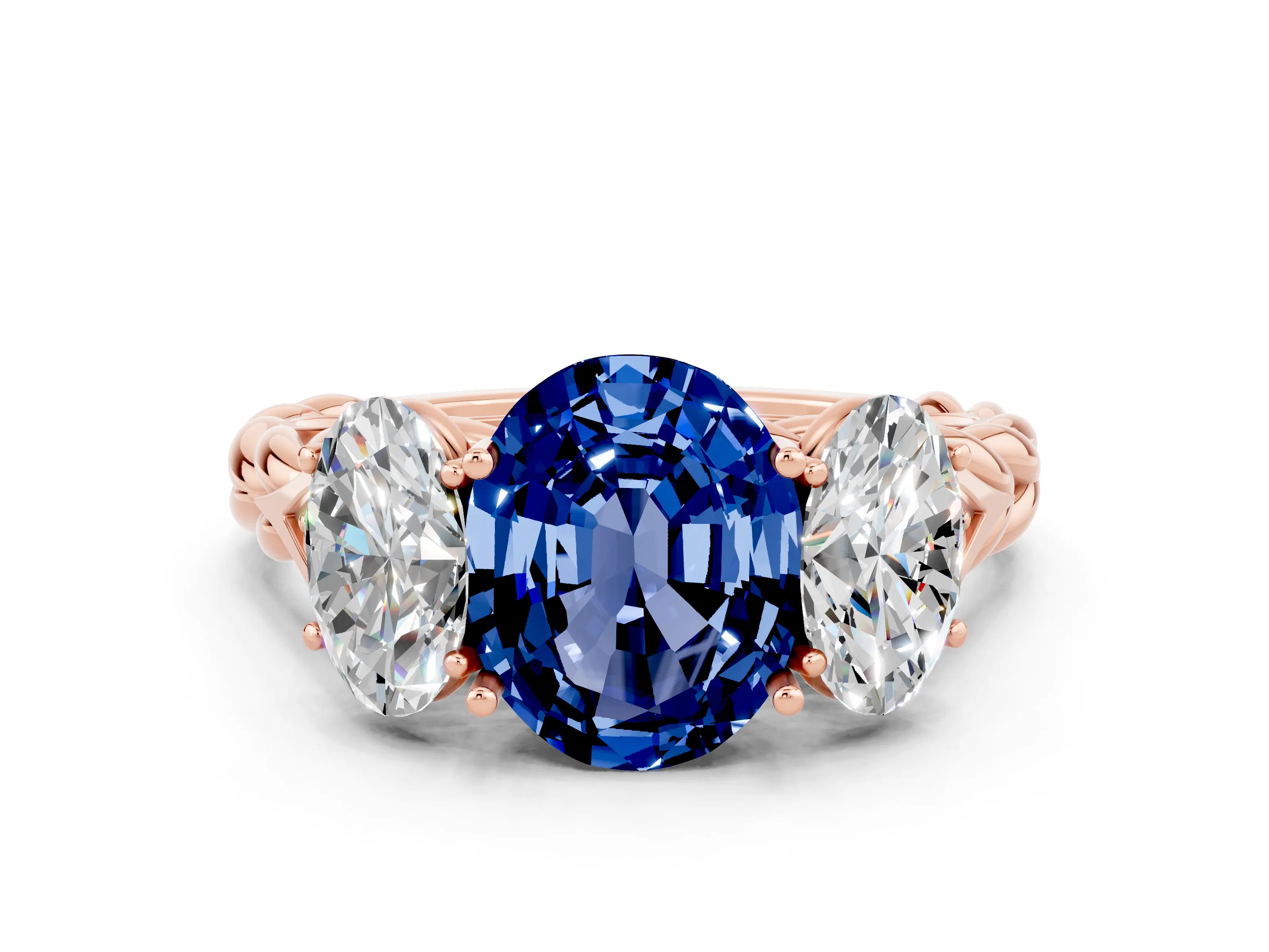 Rose gold Three-Stone Oval Cut Blue Sapphire Braided Band Ring with Four-Prong Setting_12