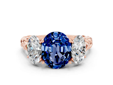 Rose gold Three-Stone Oval Cut Blue Sapphire Braided Band Ring with Four-Prong Setting_12