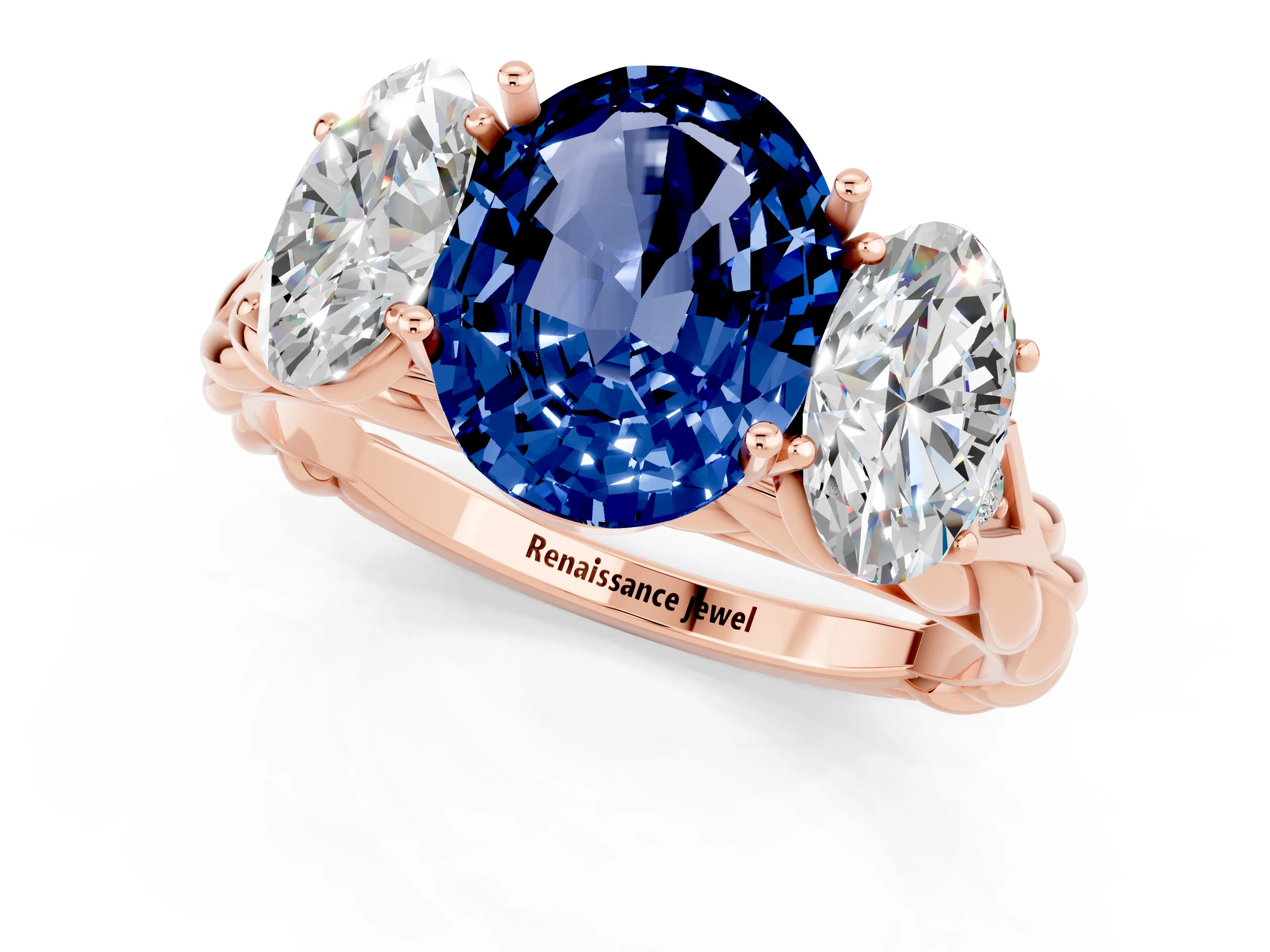 Rose gold Three-Stone Oval Cut Blue Sapphire Braided Band Ring with Four-Prong Setting_13