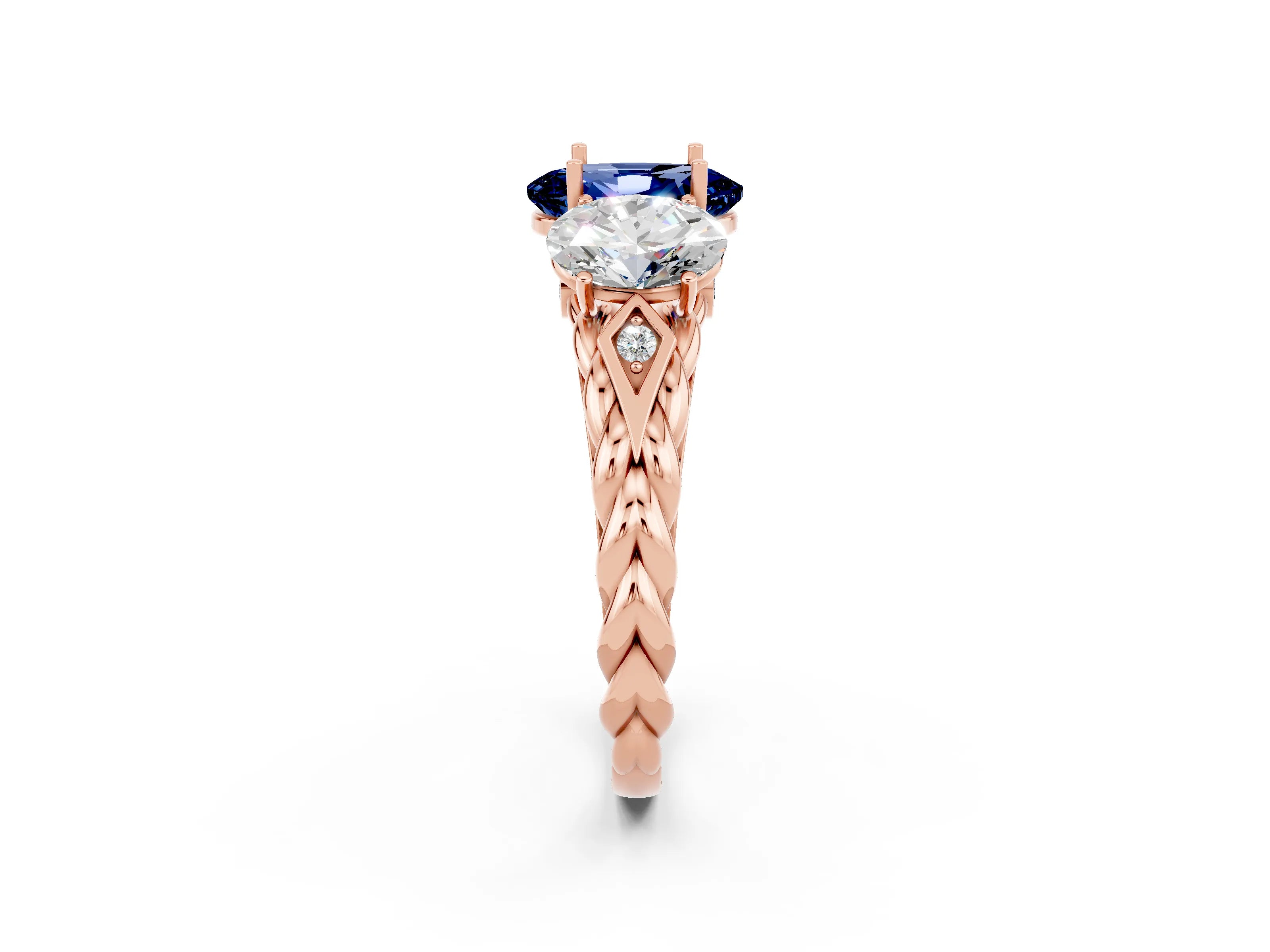 Rose gold Three-Stone Oval Cut Blue Sapphire Braided Band Ring with Four-Prong Setting_14