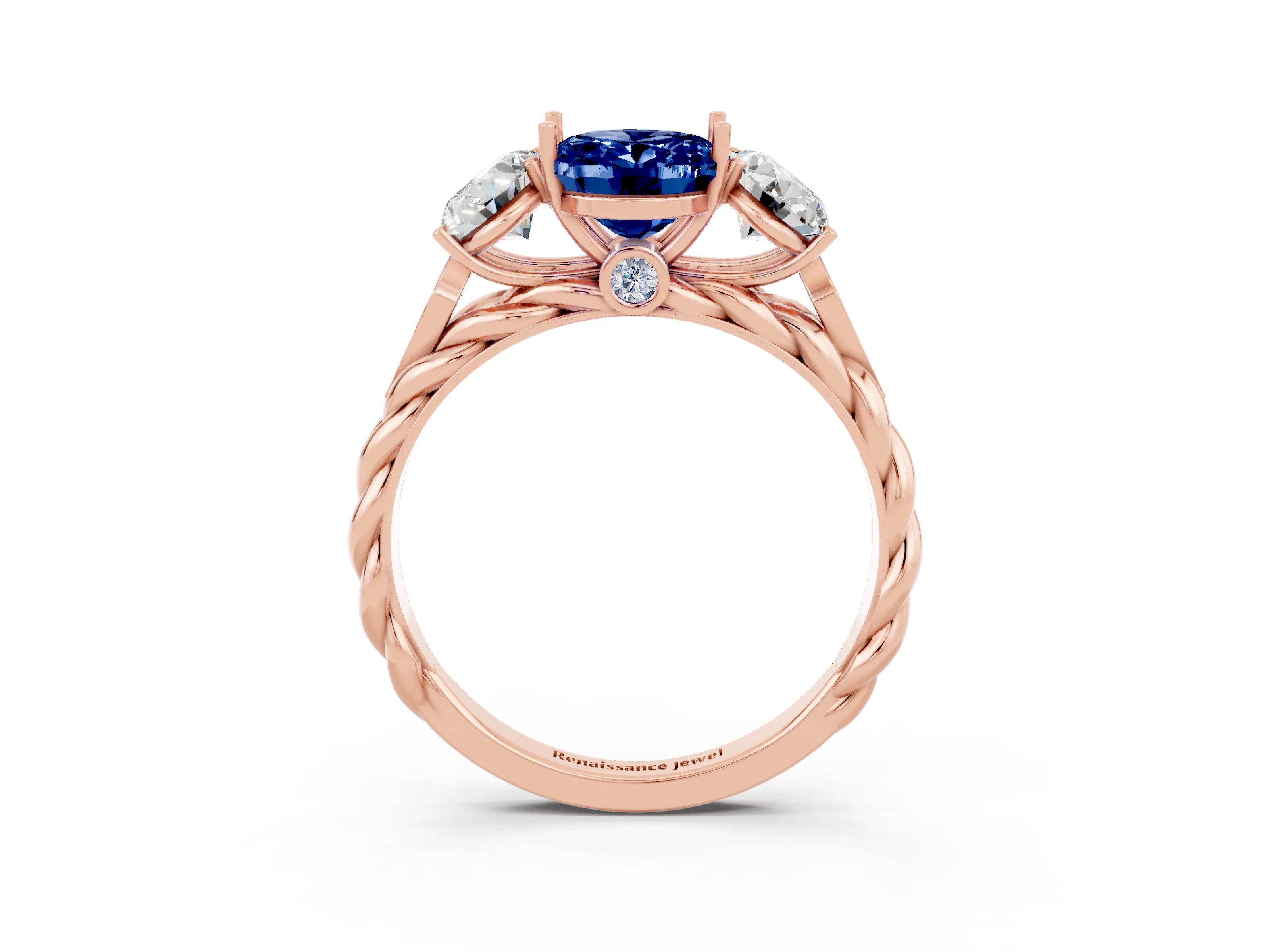 Rose gold Three-Stone Oval Cut Blue Sapphire Braided Band Ring with Four-Prong Setting_15