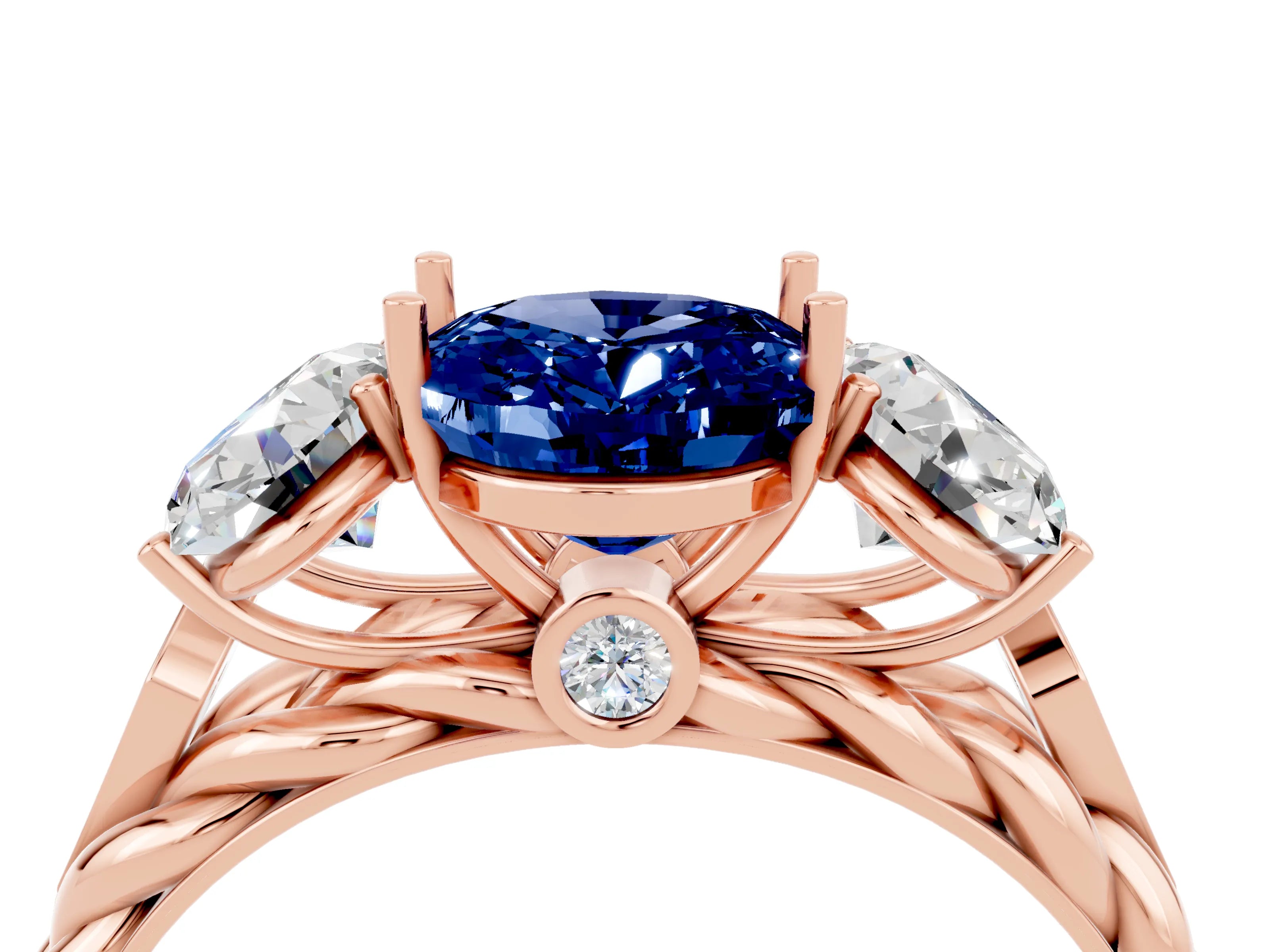 Rose gold Three-Stone Oval Cut Blue Sapphire Braided Band Ring with Four-Prong Setting_16