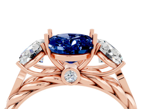Rose gold Three-Stone Oval Cut Blue Sapphire Braided Band Ring with Four-Prong Setting_16
