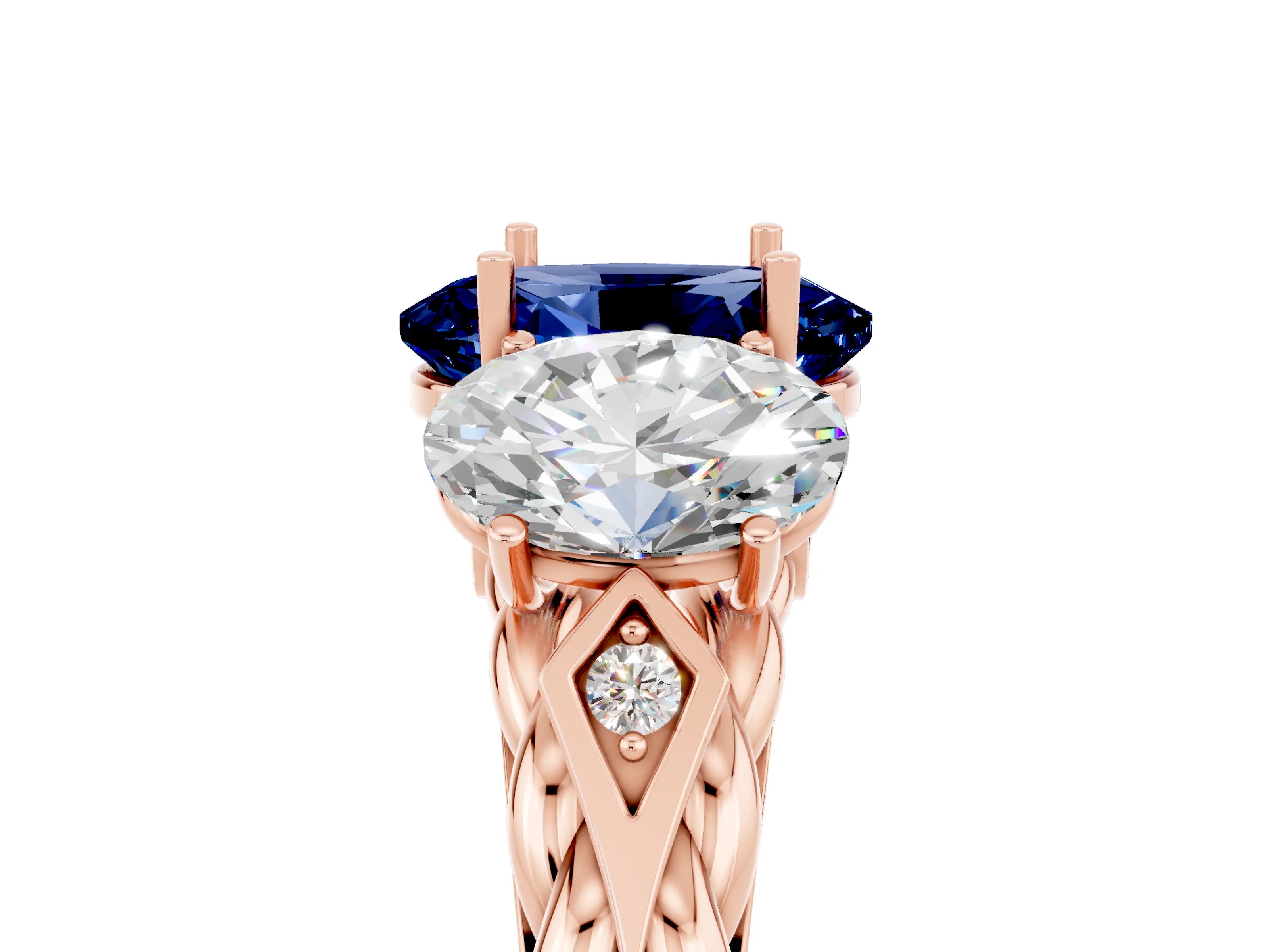 Rose gold Three-Stone Oval Cut Blue Sapphire Braided Band Ring with Four-Prong Setting_17