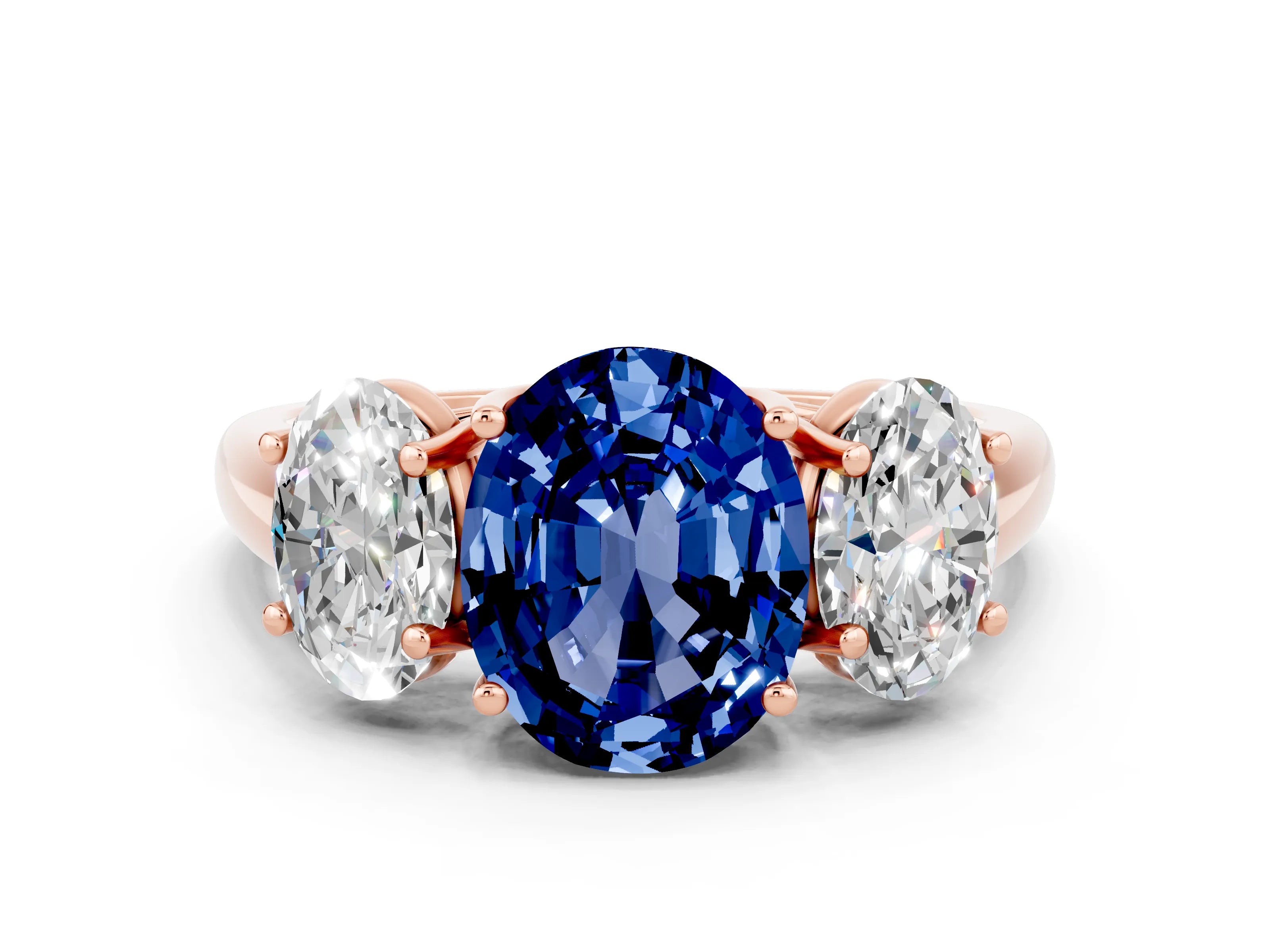 Rose gold Three-Stone Oval Cut Blue Sapphire Engagement Ring with Prong Setting