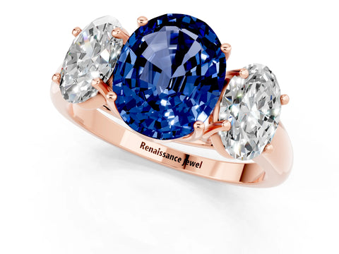 Rose gold Three-Stone Oval Cut Blue Sapphire Engagement Ring with Prong Setting_1