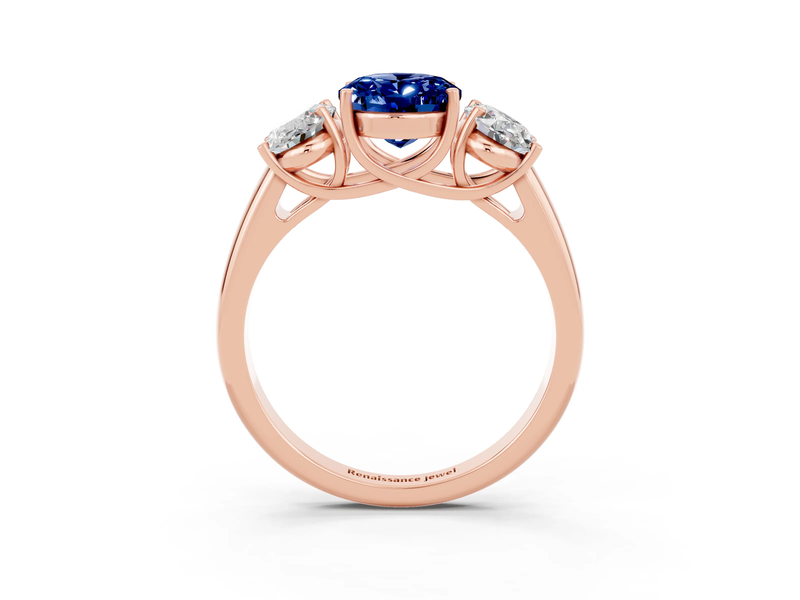 Rose gold Three-Stone Oval Cut Blue Sapphire Engagement Ring with Prong Setting_3