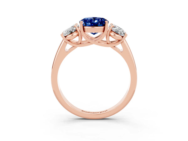 Rose gold Three-Stone Oval Cut Blue Sapphire Engagement Ring with Prong Setting
