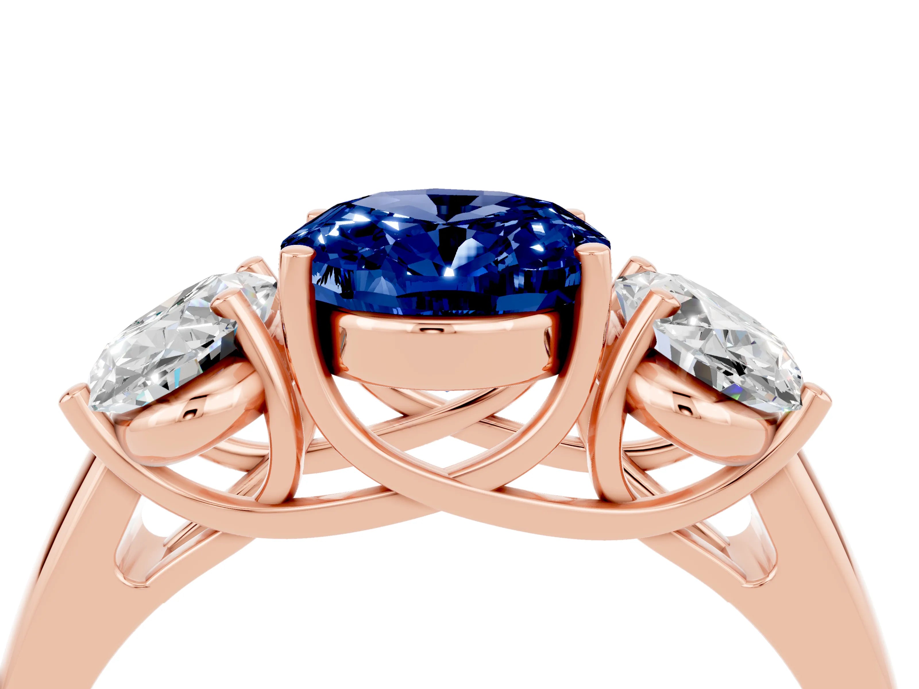 Rose gold Three-Stone Oval Cut Blue Sapphire Engagement Ring with Prong Setting_4