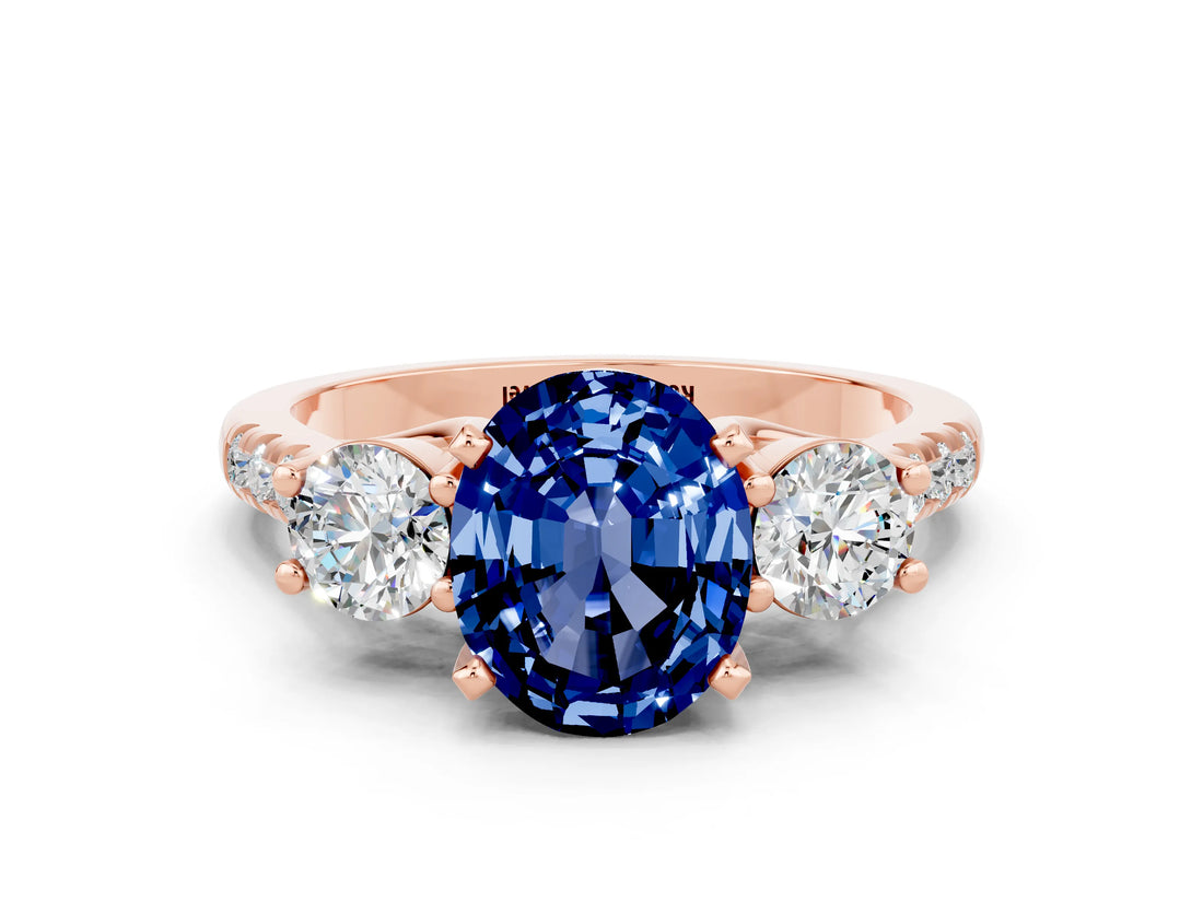 Rose gold Three-Stone Oval Cut Blue Sapphire Pavé Band with Four-Prong Setting