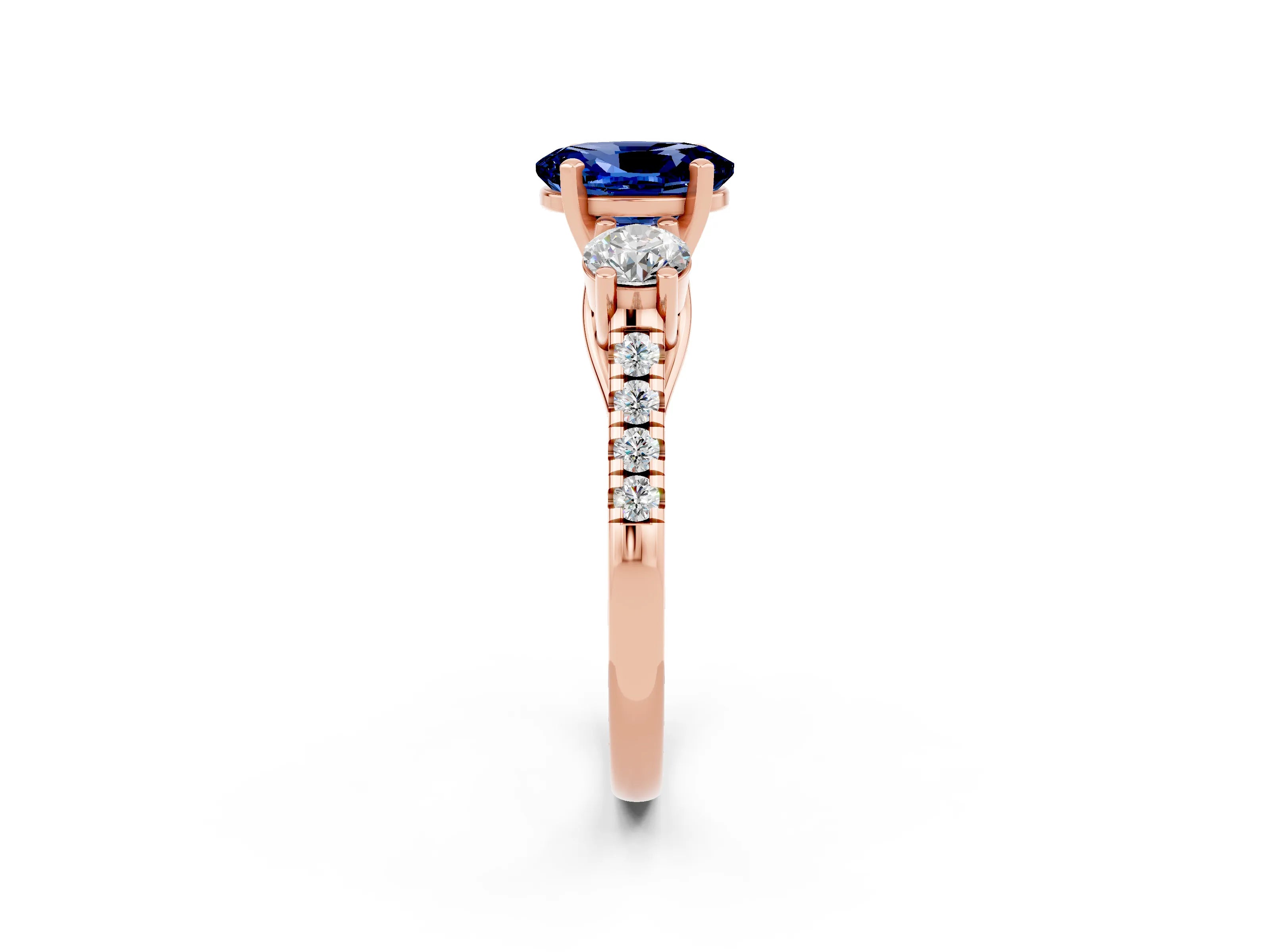 Rose gold Three-Stone Oval Cut Blue Sapphire Pavé Band with Four-Prong Setting_2