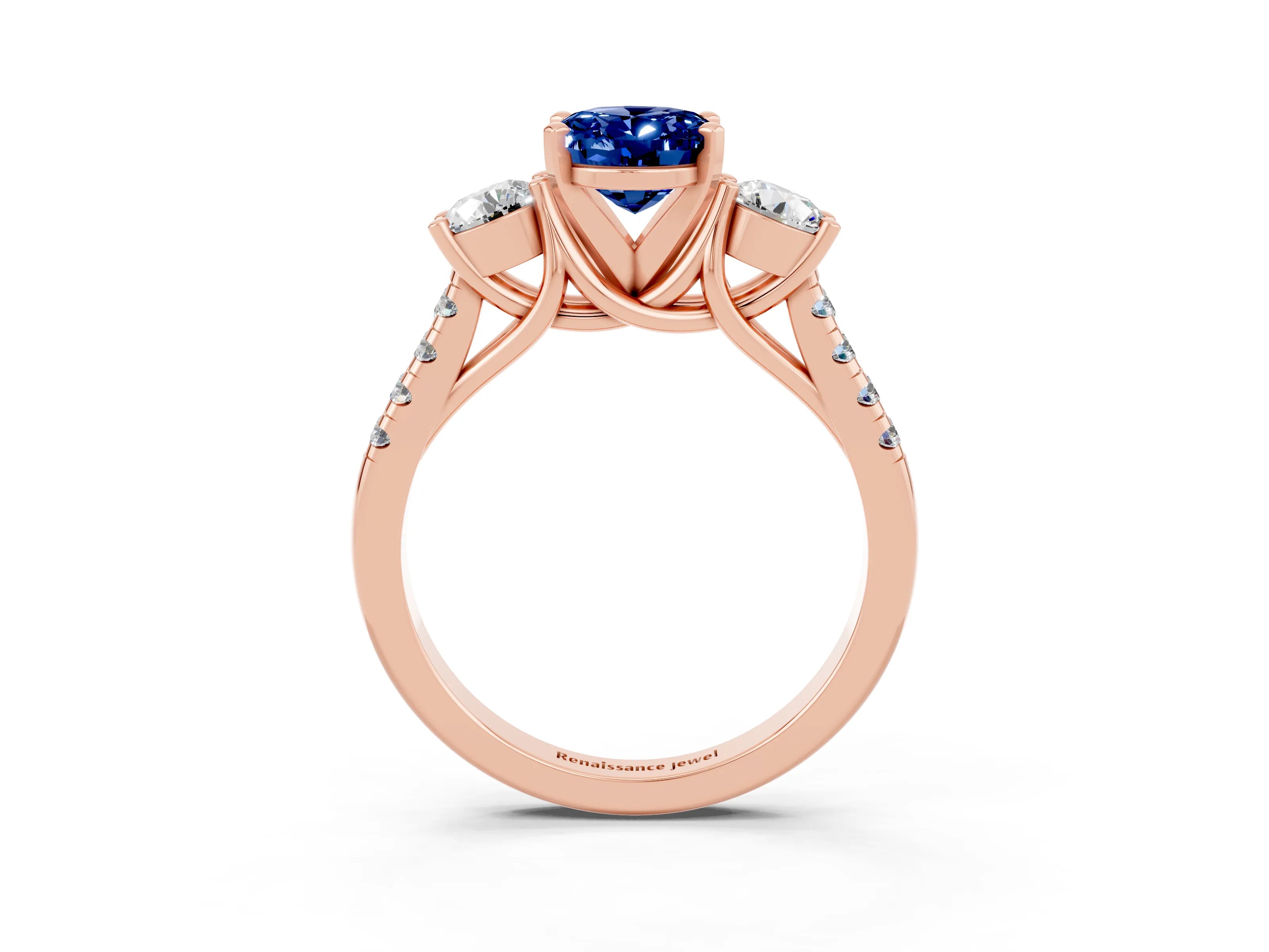 Rose gold Three-Stone Oval Cut Blue Sapphire Pavé Band with Four-Prong Setting_3