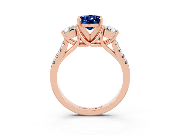 Rose gold Three-Stone Oval Cut Blue Sapphire Pavé Band with Four-Prong Setting
