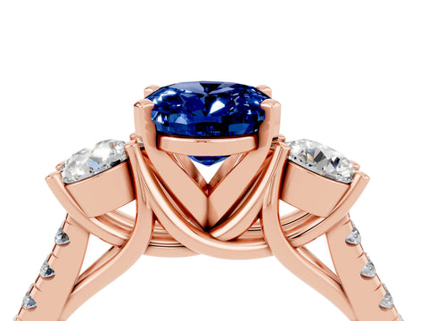 Rose gold Three-Stone Oval Cut Blue Sapphire Pavé Band with Four-Prong Setting_4
