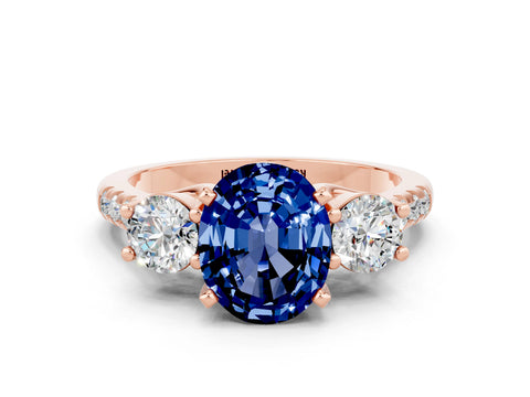 Rose gold Three-Stone Oval Cut Blue Sapphire Pavé Band with Four-Prong Setting