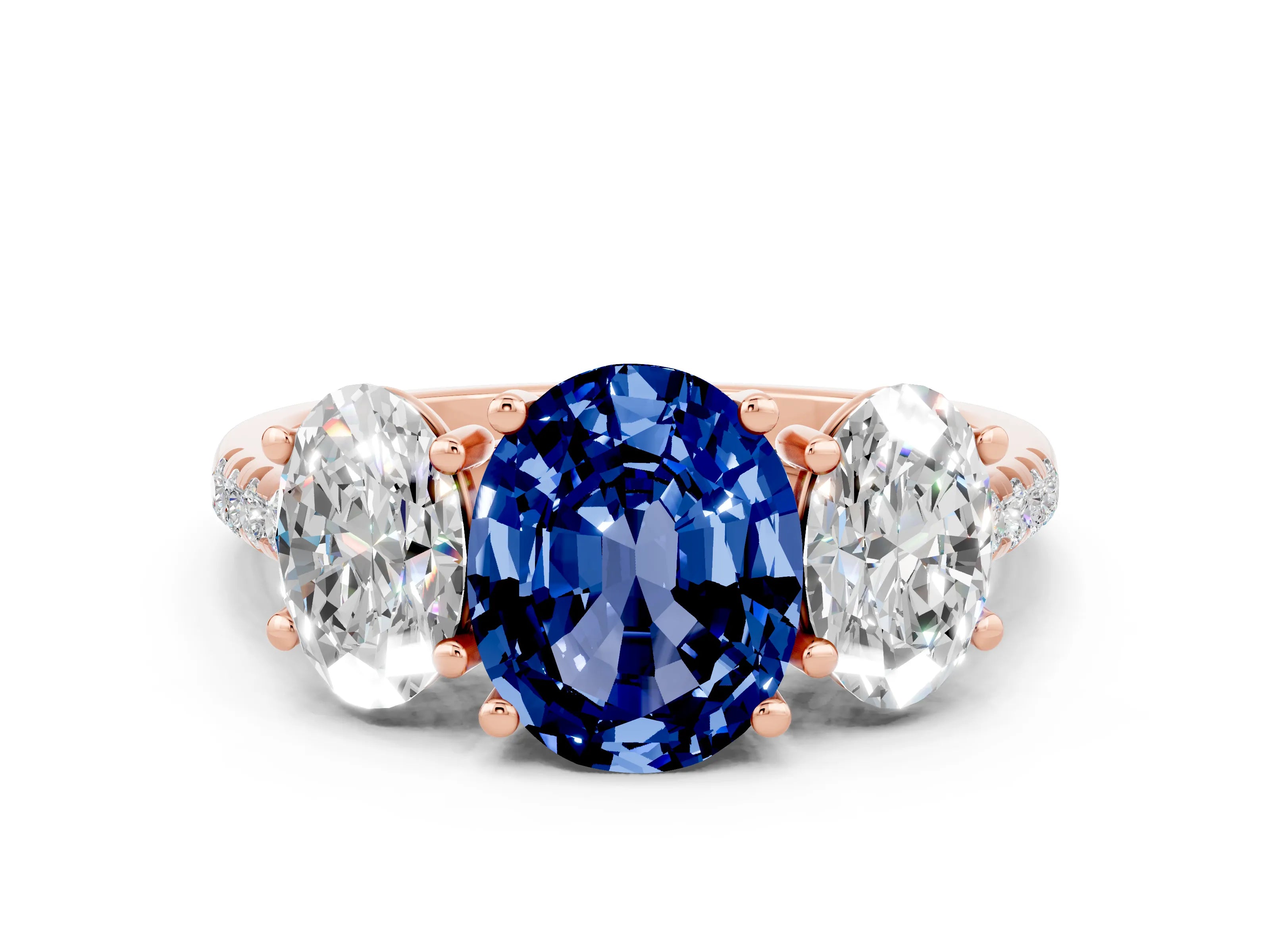 Rose gold Three-Stone Oval Cut Blue Sapphire Ring with Pavé Band and Prong Setting_12