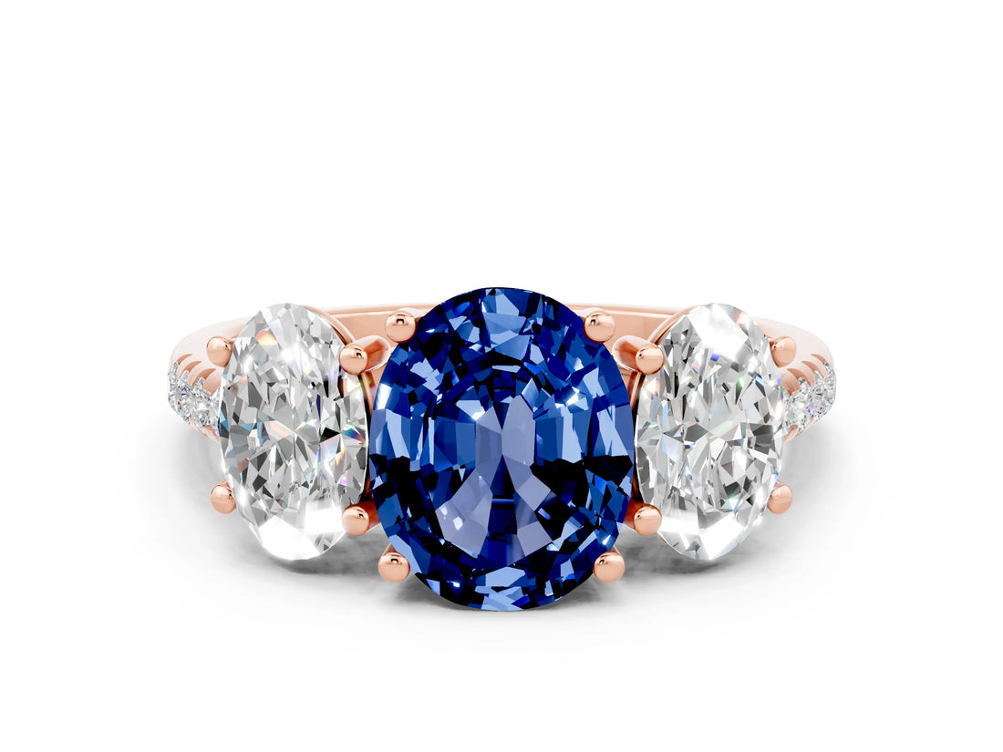 Rose gold Three-Stone Oval Cut Blue Sapphire Ring with Pavé Band and Prong Setting_12