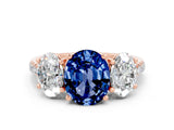 Rose gold Three-Stone Oval Cut Blue Sapphire Ring with Pavé Band and Prong Setting_12