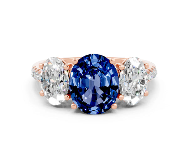 Rose gold Three-Stone Oval Cut Blue Sapphire Ring with Round  Pavé Band and Prong Setting