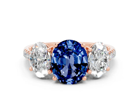 Rose gold Three-Stone Oval Cut Blue Sapphire Ring with Pavé Band and Prong Setting_12