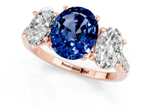 Rose gold Three-Stone Oval Cut Blue Sapphire Ring with Pavé Band and Prong Setting_13